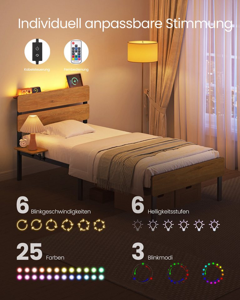 VASAGLE Bettgestell Doppelbettgestell, Unterbettaufbewahrung, einfache Montage (90 x 200 cm, geräuscharm), LED-Beleuchtung, USB-A- und USB-C-Anschluss, 90 x 200 – Bild 5 von 5