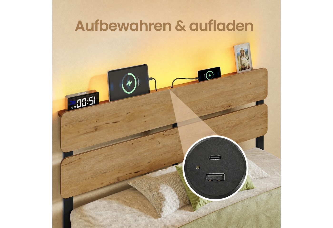 VASAGLE Bettgestell Doppelbettgestell, Unterbettaufbewahrung, einfache Montage, LED-Beleuchtung, USB-A- und USB-C-Anschluss, 120 x 200 cm – Bild 3 von 5