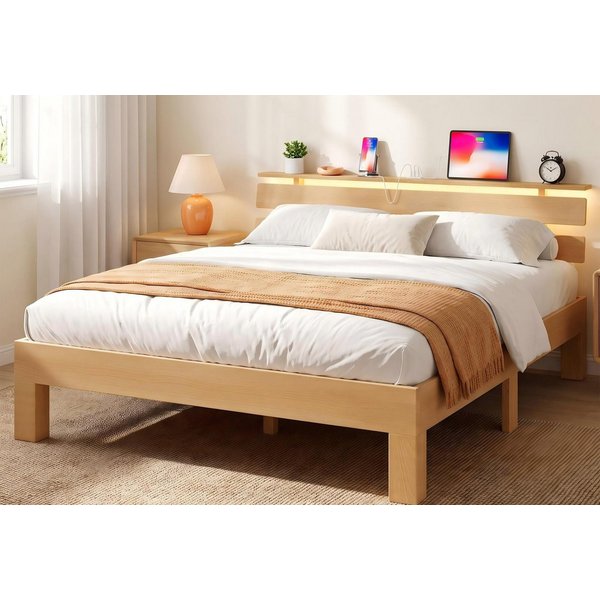 VASAGLE Bettgestell Massivholzbett mit LED&USB, 140/160/180cm, ergonomischer Rückenlehne, Bettgestell 140 x 200 cm, Kopfteilablage, hohe Stabilität, Naturfarben