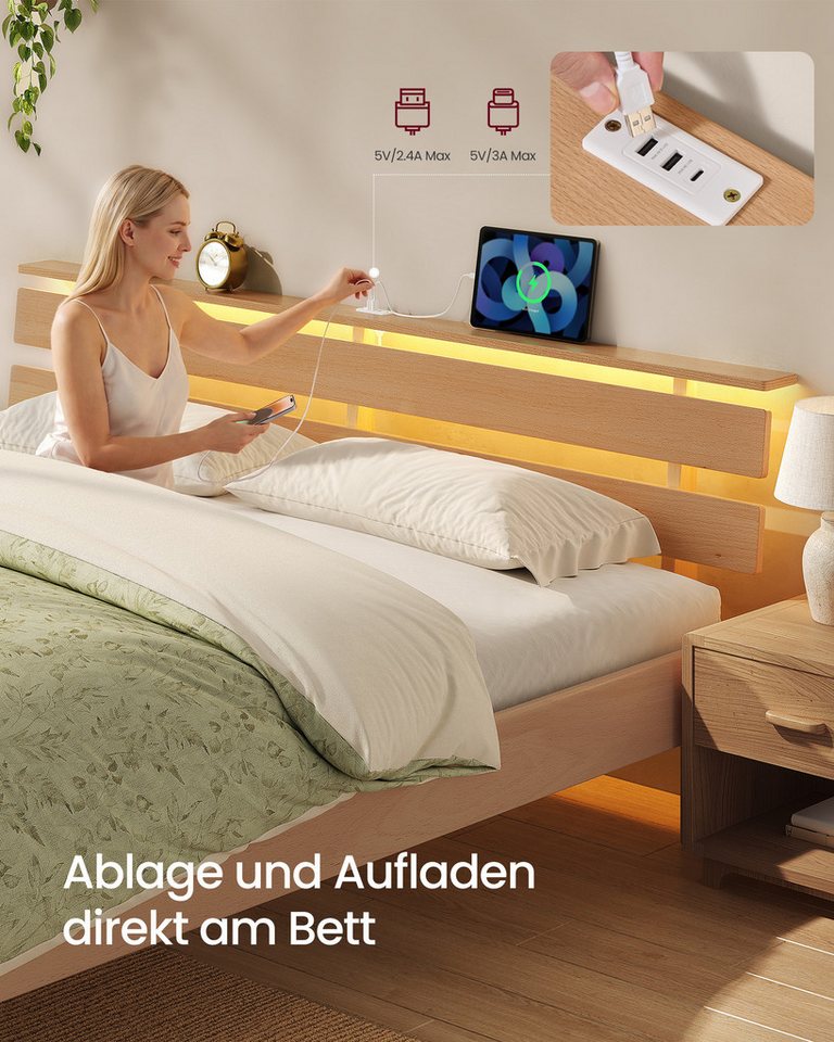 VASAGLE Bettgestell Massivholzbett mit LED&USB, 140/160/180cm, ergonomischer Rückenlehne, Bettgestell 180 x 200 cm, Kopfteilablage, hohe Stabilität, Naturfarben – Bild 3 von 5