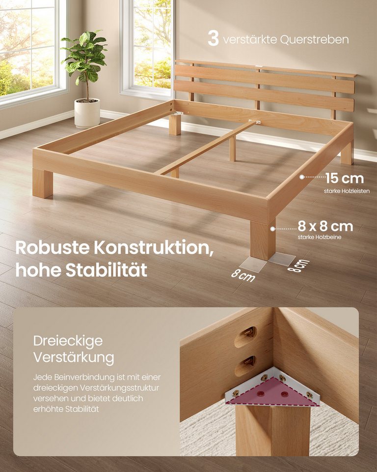 VASAGLE Bettgestell Massivholzbett mit LED&USB, 140/160/180cm, ergonomischer Rückenlehne, Bettgestell 180 x 200 cm, Kopfteilablage, hohe Stabilität, Naturfarben – Bild 4 von 5