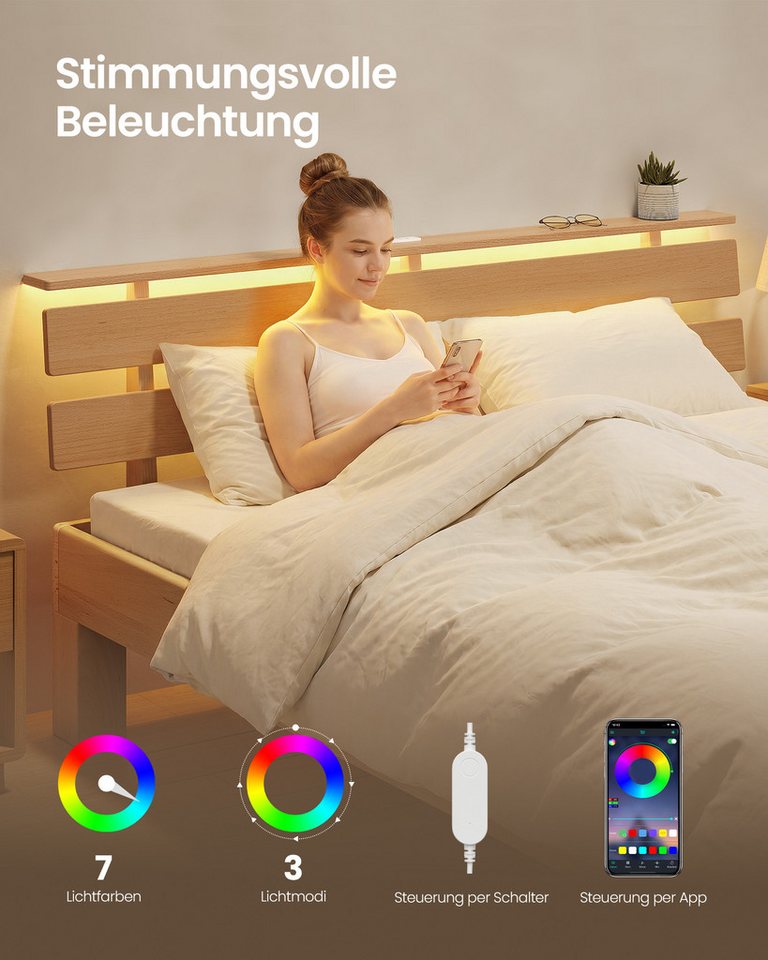 VASAGLE Bettgestell Massivholzbett mit LED&USB, 140/160/180cm, ergonomischer Rückenlehne, Bettgestell 180 x 200 cm, Kopfteilablage, hohe Stabilität, Naturfarben – Bild 5 von 5