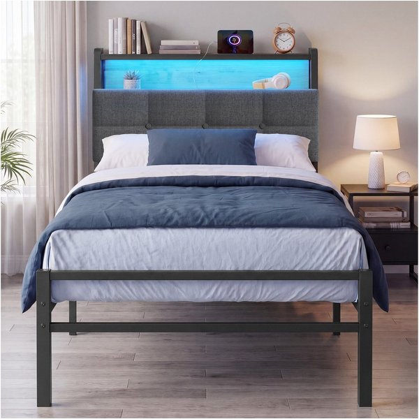 VASAGLE Bettgestell mit Kopfteil, Bett mit Stauraum und LED Beleuchtung, Steckdosen, 90 x 200 cm, für Schlafzimmer