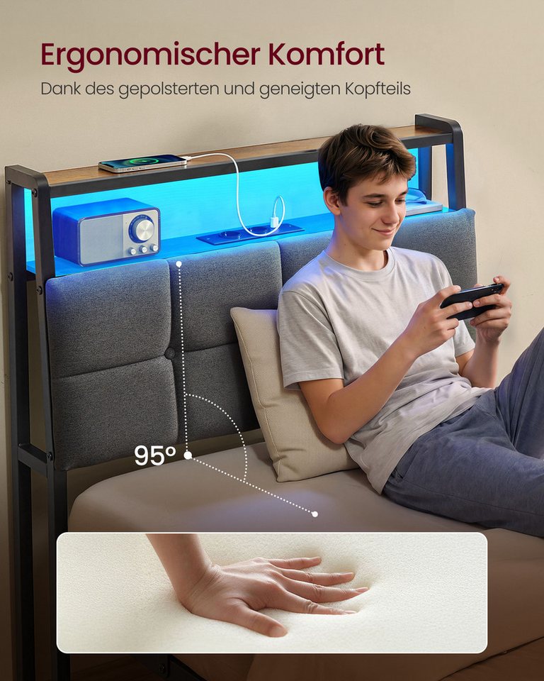 VASAGLE Bettgestell mit Kopfteil, Bett mit Stauraum und LED Beleuchtung, Steckdosen, 90 x 200 cm, für Schlafzimmer – Bild 2 von 5