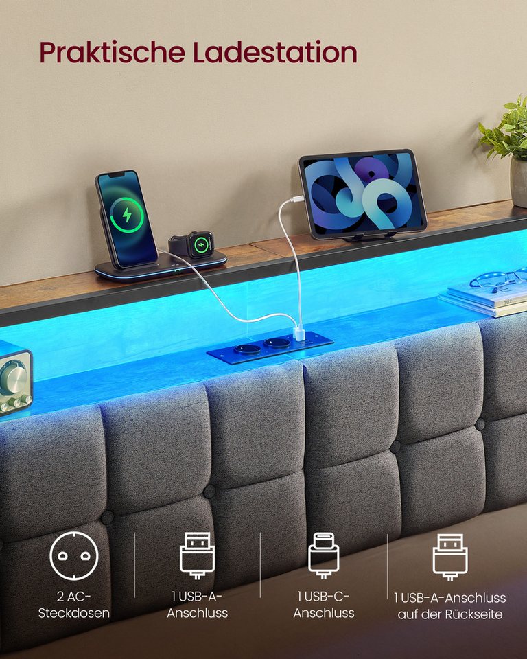VASAGLE Bettgestell mit Kopfteil, Bett mit Stauraum und LED Beleuchtung, Steckdosen, 90 x 200 cm, für Schlafzimmer – Bild 3 von 5