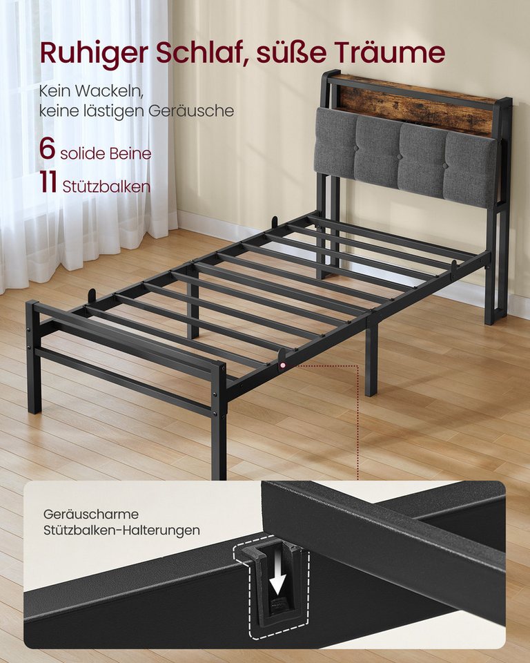 VASAGLE Bettgestell mit Kopfteil, Bett mit Stauraum und LED Beleuchtung, Steckdosen, 90 x 200 cm, für Schlafzimmer – Bild 5 von 5