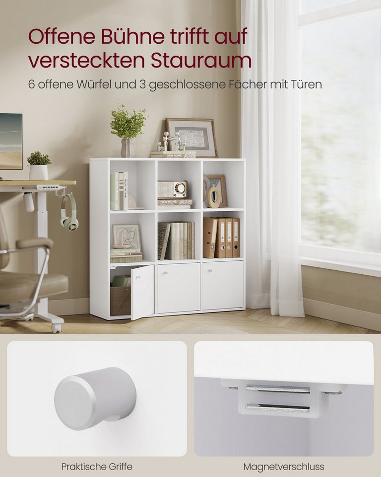 VASAGLE Bücherregal 3-stöckiges Regal, 2 Fächer, für Wohnzimmer, Schlafzimmer, mit Türen, Regal, DVD-Regal, Standregal – Bild 3 von 5