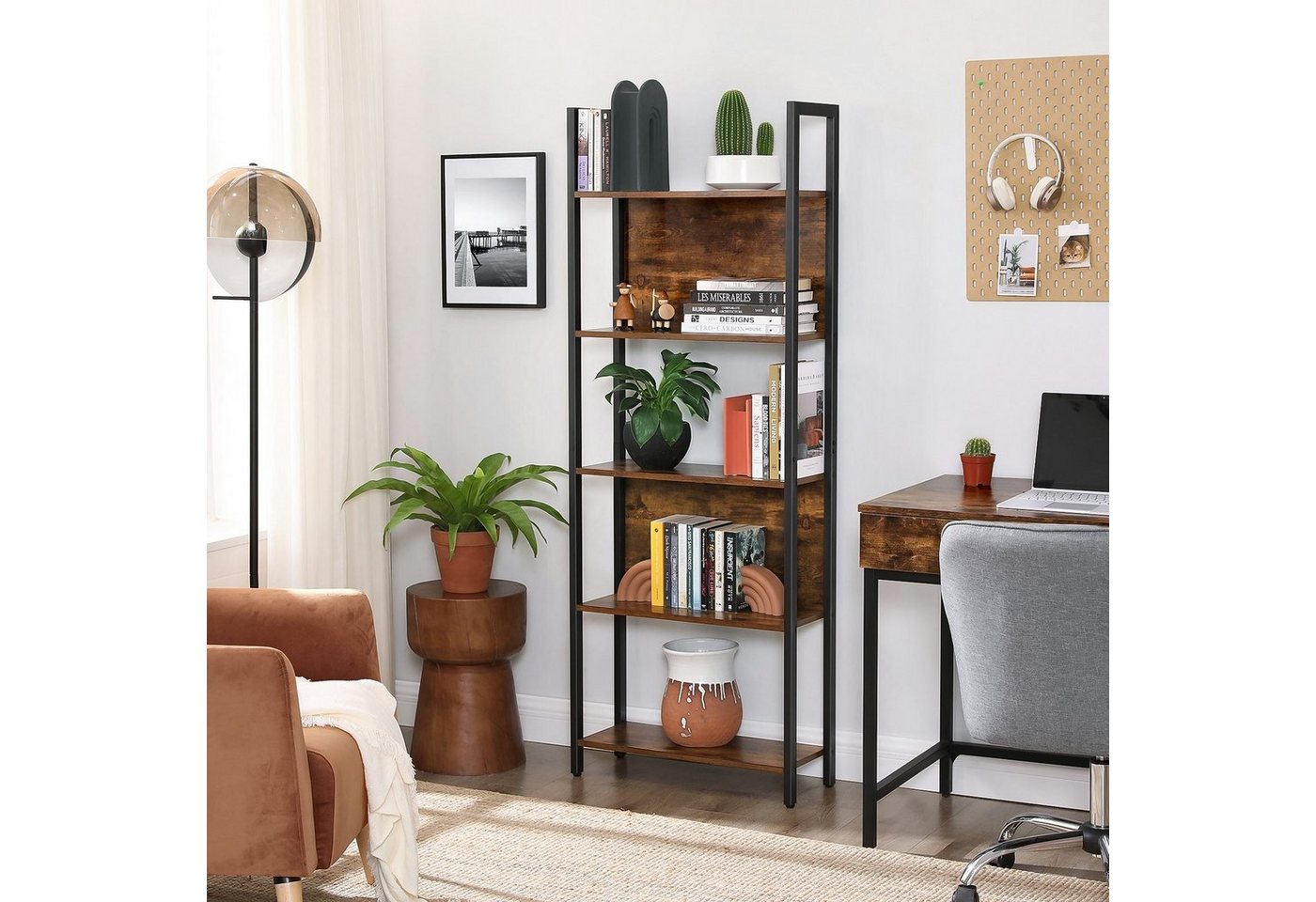 VASAGLE Bücherregal Küchenregal, Standregal, Flur, Küche, Büro, stabiles Stahlgestell, mit 5 offenen Regalebenen, Industrie-Design, 62 x 165 x 24 cm – Bild 3 von 5