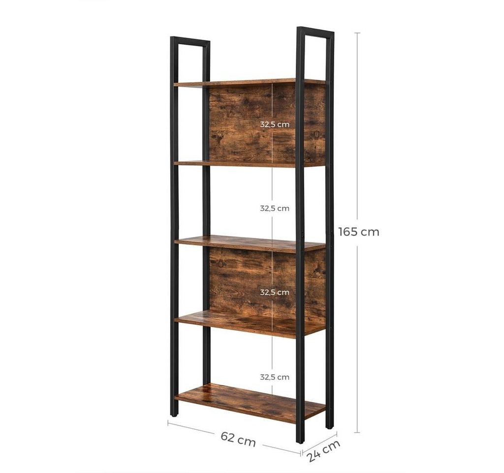 VASAGLE Bücherregal Küchenregal, Standregal, Flur, Küche, Büro, stabiles Stahlgestell, mit 5 offenen Regalebenen, Industrie-Design, 62 x 165 x 24 cm – Bild 5 von 5