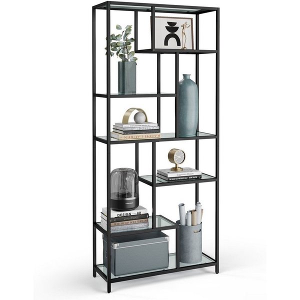 VASAGLE Bücherregal Regal mit 6 Ablagen, Standregal, Ablagen aus Hartglas, 30 x 80 x 180 cm