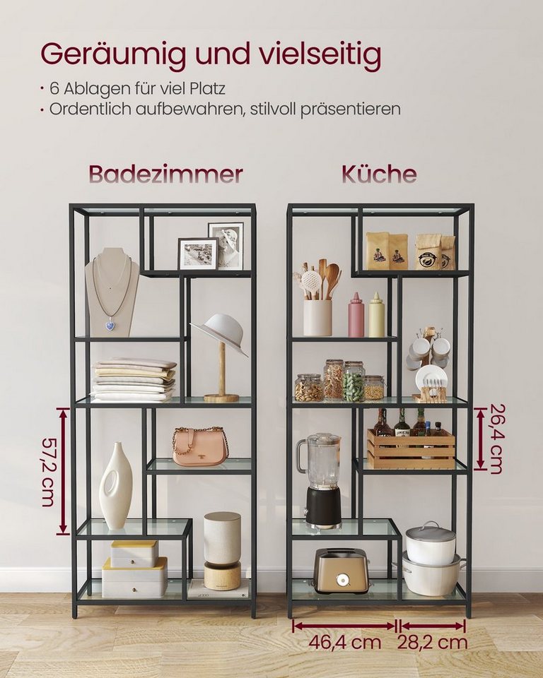 VASAGLE Bücherregal Regal mit 6 Ablagen, Standregal, Ablagen aus Hartglas, 30 x 80 x 180 cm – Bild 2 von 5