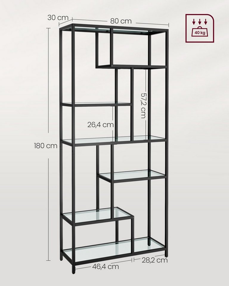 VASAGLE Bücherregal Regal mit 6 Ablagen, Standregal, Ablagen aus Hartglas, 30 x 80 x 180 cm – Bild 4 von 5