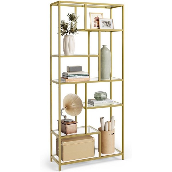 VASAGLE Bücherregal Regal mit 6 Ablagen, Standregal, Ablagen aus Hartglas, 30 x 80 x 180 cm