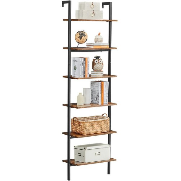 VASAGLE Bücherregal Standregal, Schlafzimmer, Wohnzimmer, Büro, 30 x 60 x 204,8 cm, 6 Ablagen, Leiterregal, Aufbewahrung für Bücher, Vintagebraun-schwarz