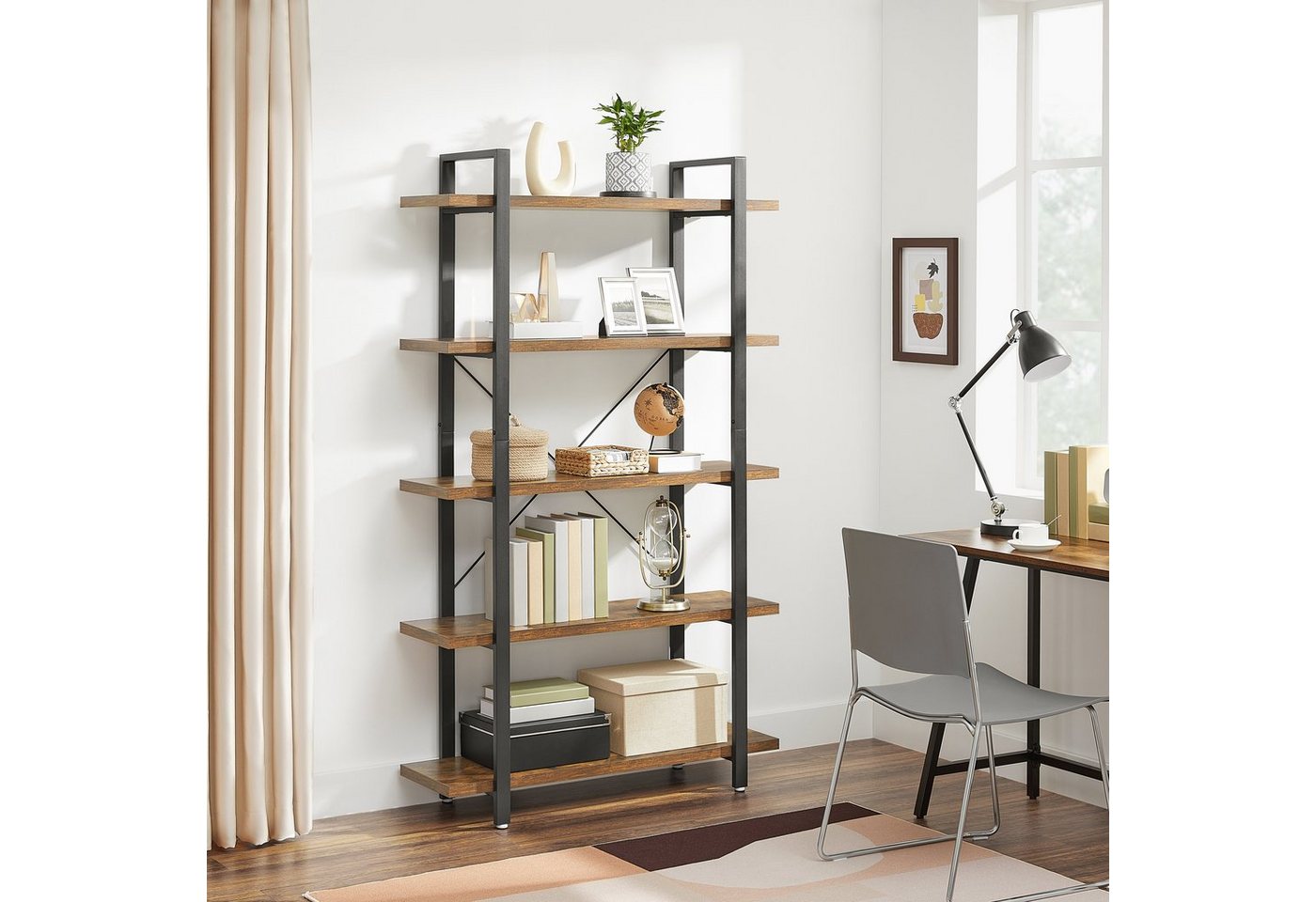 VASAGLE Bücherregal Standregal, für Wohnzimmer, Schlafzimmer, Büro, 33,5 x 105 x 177,5 cm, mit 5 Ebenen, einfacher Aufbau, Industrie-Design, vintagebraun-schwar – Bild 2 von 5