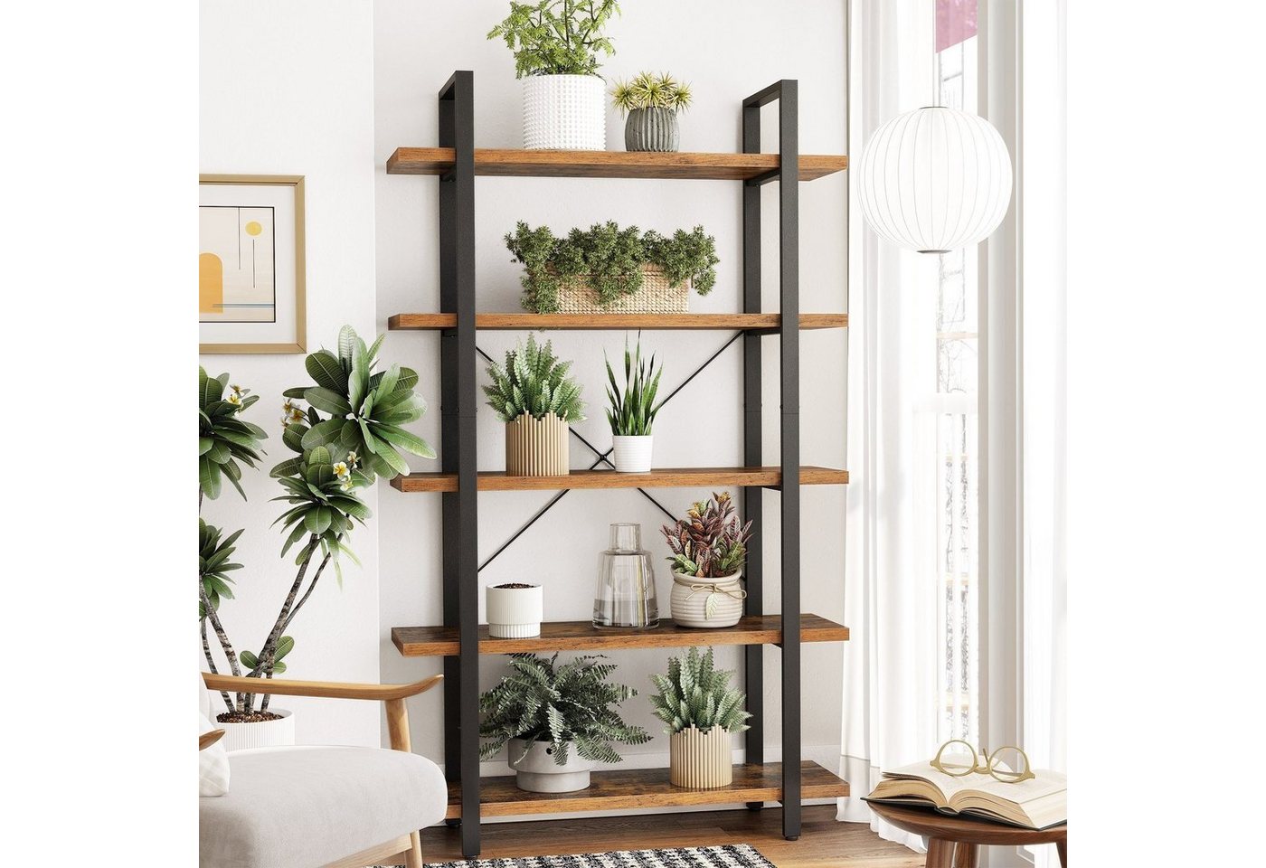 VASAGLE Bücherregal Standregal, für Wohnzimmer, Schlafzimmer, Büro, 33,5 x 105 x 177,5 cm, mit 5 Ebenen, einfacher Aufbau, Industrie-Design, vintagebraun-schwar – Bild 3 von 5