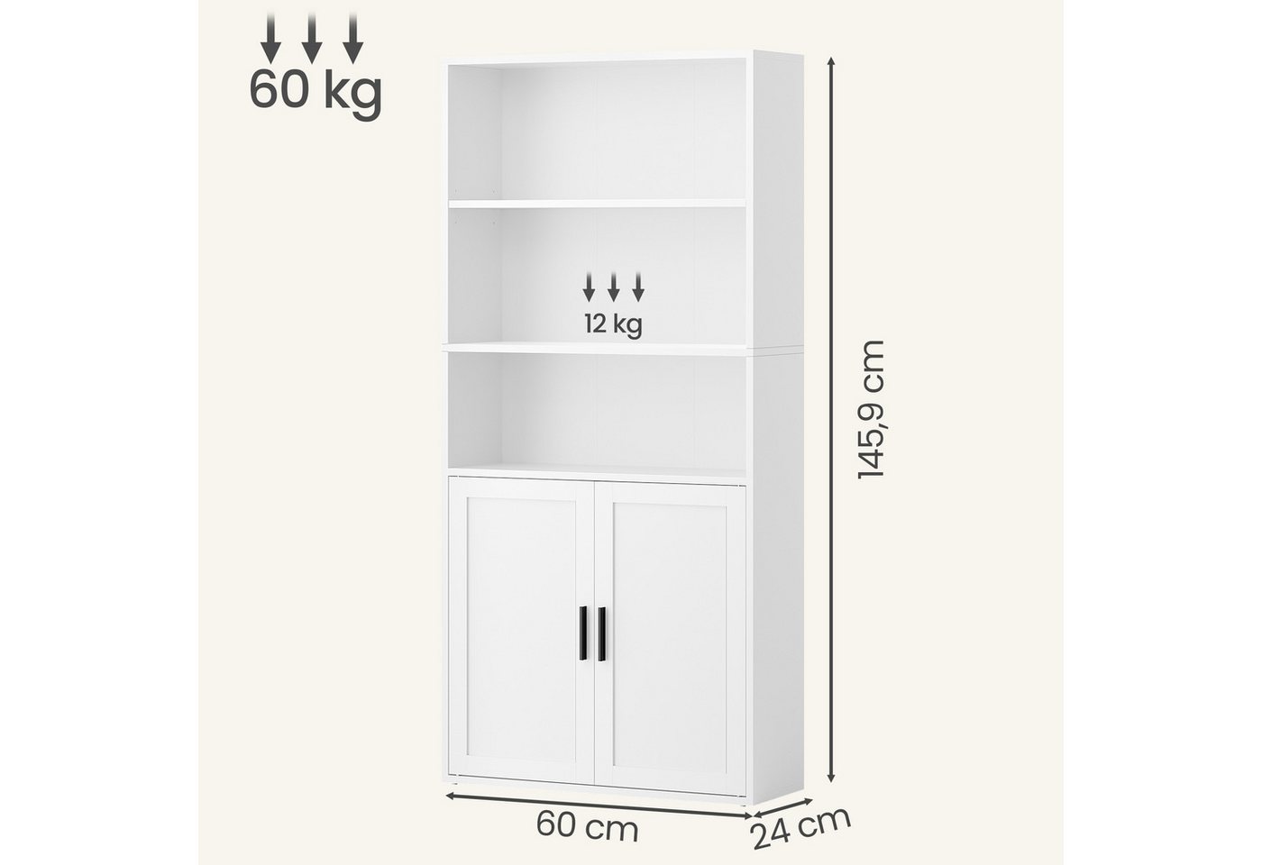 VASAGLE Bücherregal Standregal mit 2 Türen, 60 x 24 x 145,9 cm, für Wohnzimmer, Homeoffice, hohes Regal, mit Tür – Bild 2 von 5