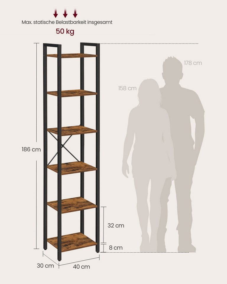 VASAGLE Bücherregal Standregal mit 5/6 Ebenen, aus Stahl, Lagerregal, 6 Ebenen, Bücherregal, Stahlrahmen – Bild 3 von 5
