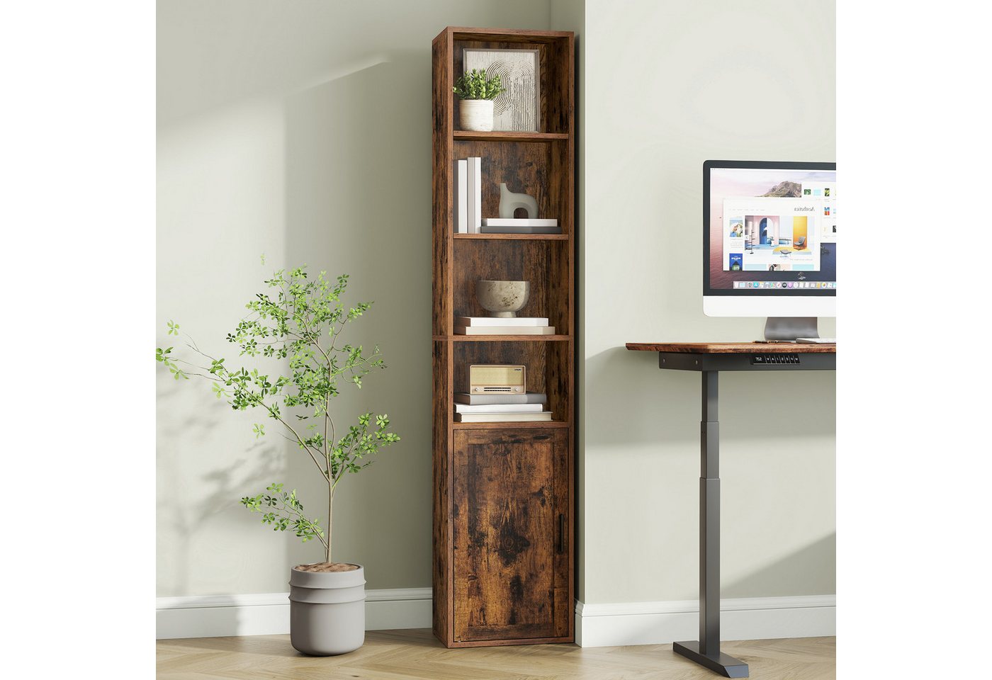 VASAGLE Bücherregal Standregal mit Tür, für Wohnzimmer, Homeoffice, Esszimmer, 6-stöckiges hohes Regal, 24 x 31,8 x 175 cm – Bild 2 von 5