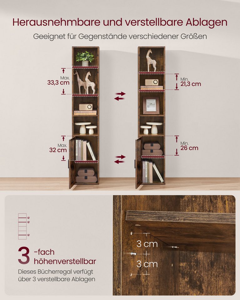 VASAGLE Bücherregal Standregal mit Tür, für Wohnzimmer, Homeoffice, Esszimmer, 6-stöckiges hohes Regal, 24 x 31,8 x 175 cm – Bild 4 von 5