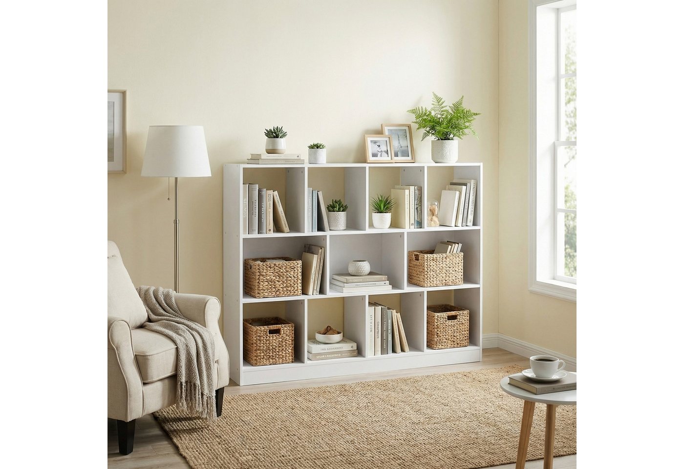 VASAGLE Bücherregal Würfelregal, Stand, 30 x 126 x 100 cm, Wohnzimmer, Büro, 11 offene Fächer, horizontal, vertikal oder kopfüber verwendbar, weiß – Bild 3 von 5