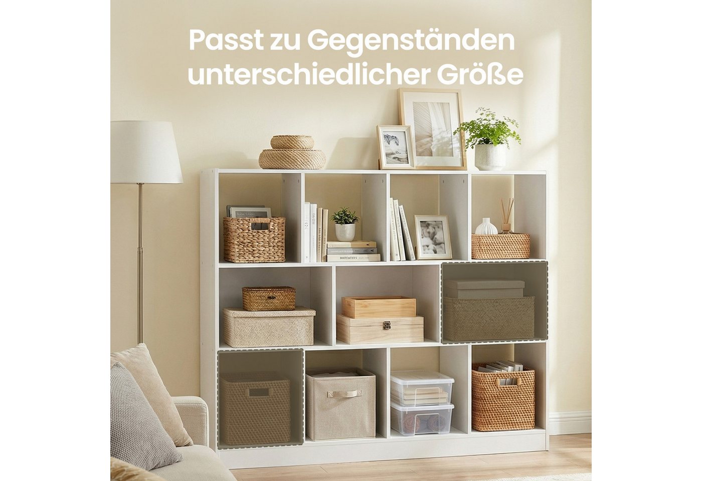 VASAGLE Bücherregal Würfelregal, Stand, 30 x 126 x 100 cm, Wohnzimmer, Büro, 11 offene Fächer, horizontal, vertikal oder kopfüber verwendbar, weiß – Bild 5 von 5