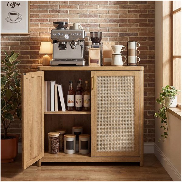 VASAGLE Buffet Küchenschrank im Boho-Stil, Türen Rattan-Optik verstellbare Ablage, Wohnzimmer,38 x 80 x 80 cm (T x B x H)