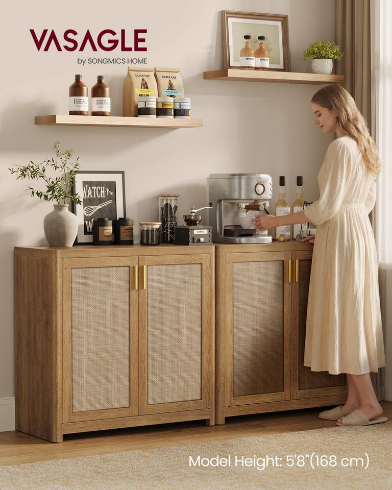 VASAGLE Buffet Küchenschrank im Boho-Stil, Türen Rattan-Optik verstellbare Ablage, Wohnzimmer,38 x 80 x 80 cm (T x B x H) – Bild 2 von 5