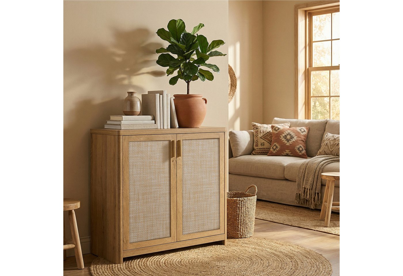 VASAGLE Buffet Küchenschrank im Boho-Stil, Türen Rattan-Optik verstellbare Ablage, Wohnzimmer,38 x 80 x 80 cm (T x B x H) – Bild 3 von 5