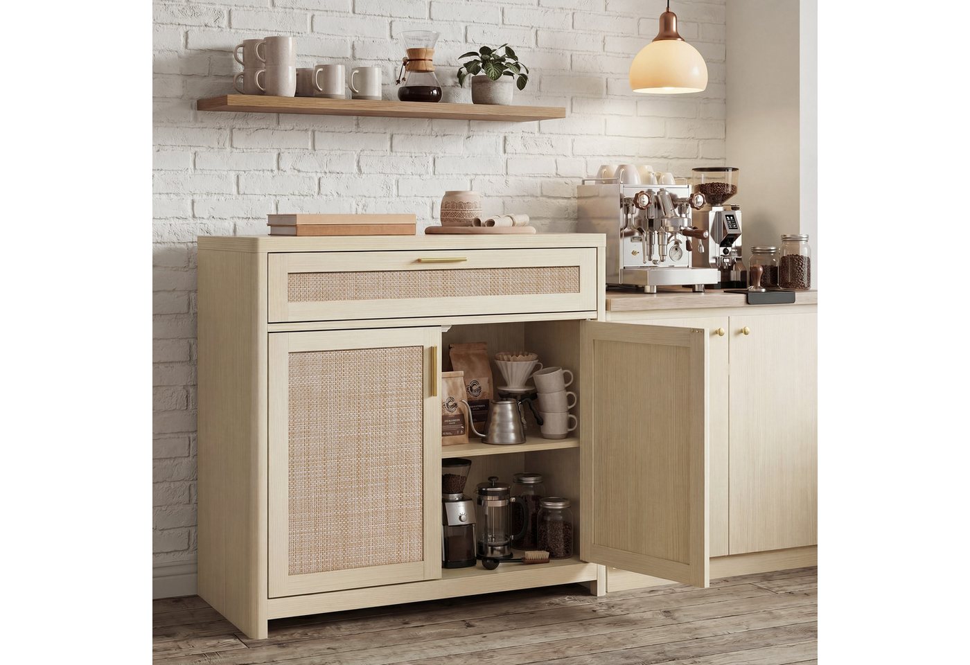 VASAGLE Buffet Küchenschrank im Boho-Stil, Türen Rattan-Optik verstellbare Ablage, Schublade, Wohnzimmer,38 x 80 x 80 cm (T x B x H) – Bild 2 von 5
