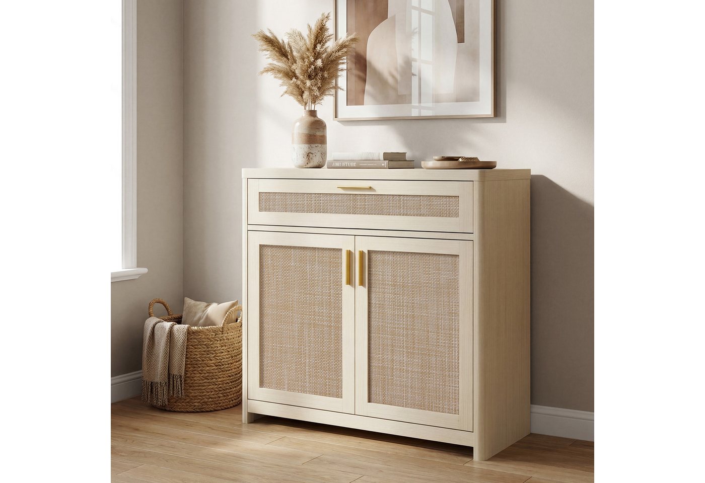 VASAGLE Buffet Küchenschrank im Boho-Stil, Türen Rattan-Optik verstellbare Ablage, Schublade, Wohnzimmer,38 x 80 x 80 cm (T x B x H) – Bild 3 von 5