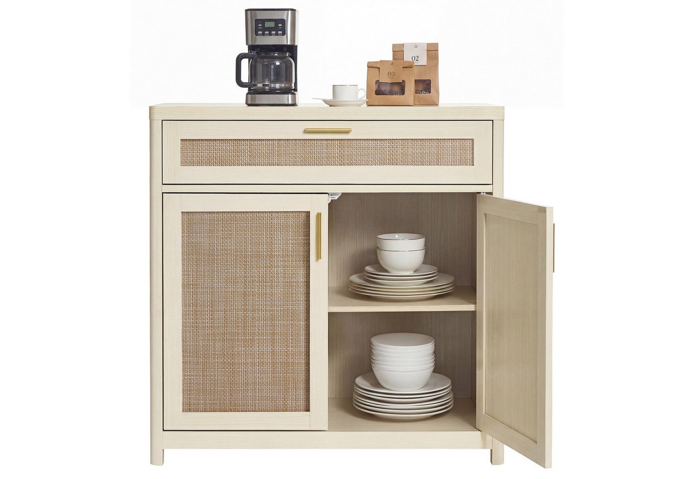 VASAGLE Buffet Küchenschrank im Boho-Stil, Türen Rattan-Optik verstellbare Ablage, Schublade, Wohnzimmer,38 x 80 x 80 cm (T x B x H) – Bild 5 von 5