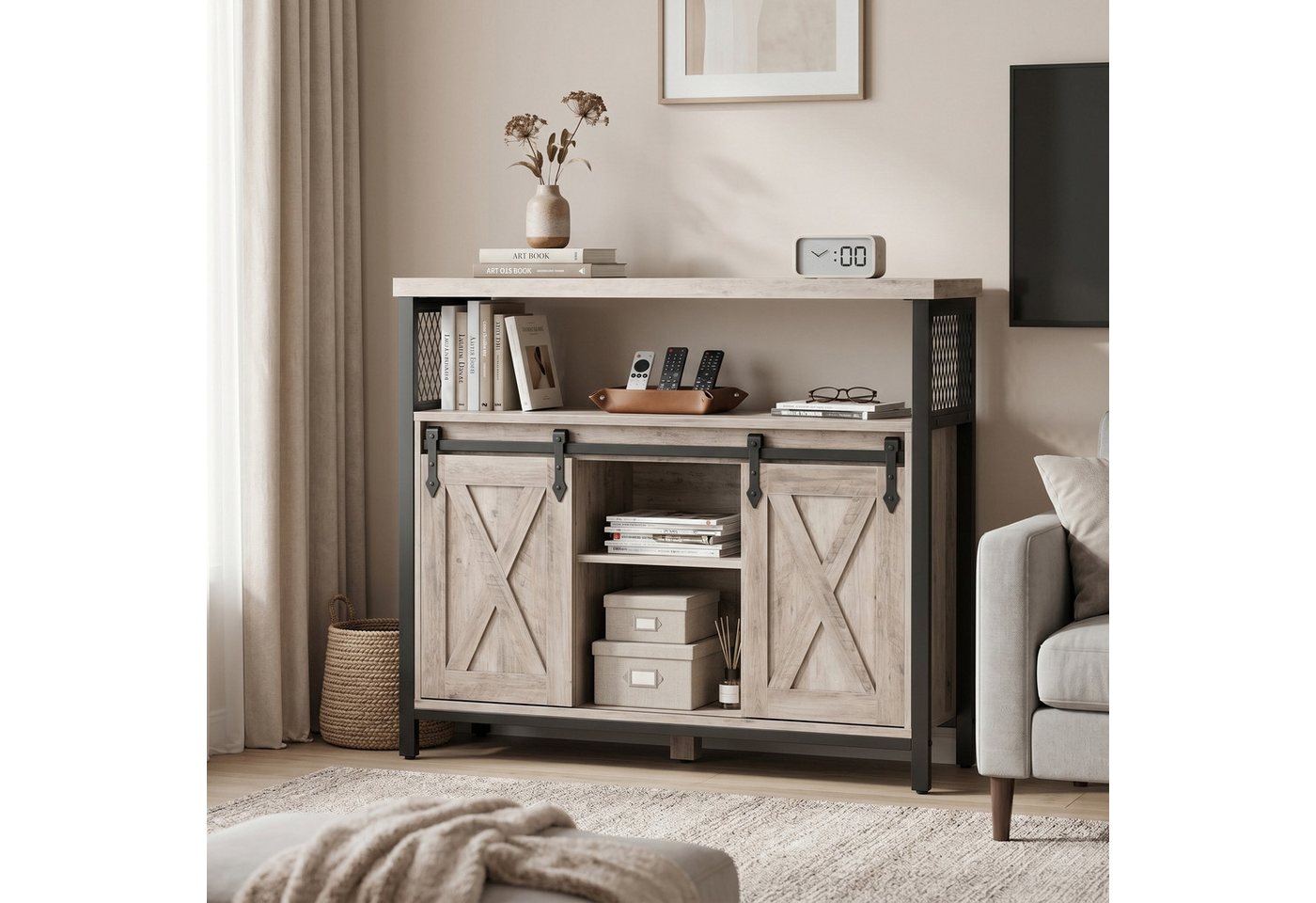 VASAGLE Buffet Sideboard Küchenschrank verstellbare Ablagen 33 x 100 x 80 cm, für Wohnzimmer, Industriestil, mit 2 Schiebetüren – Bild 2 von 5