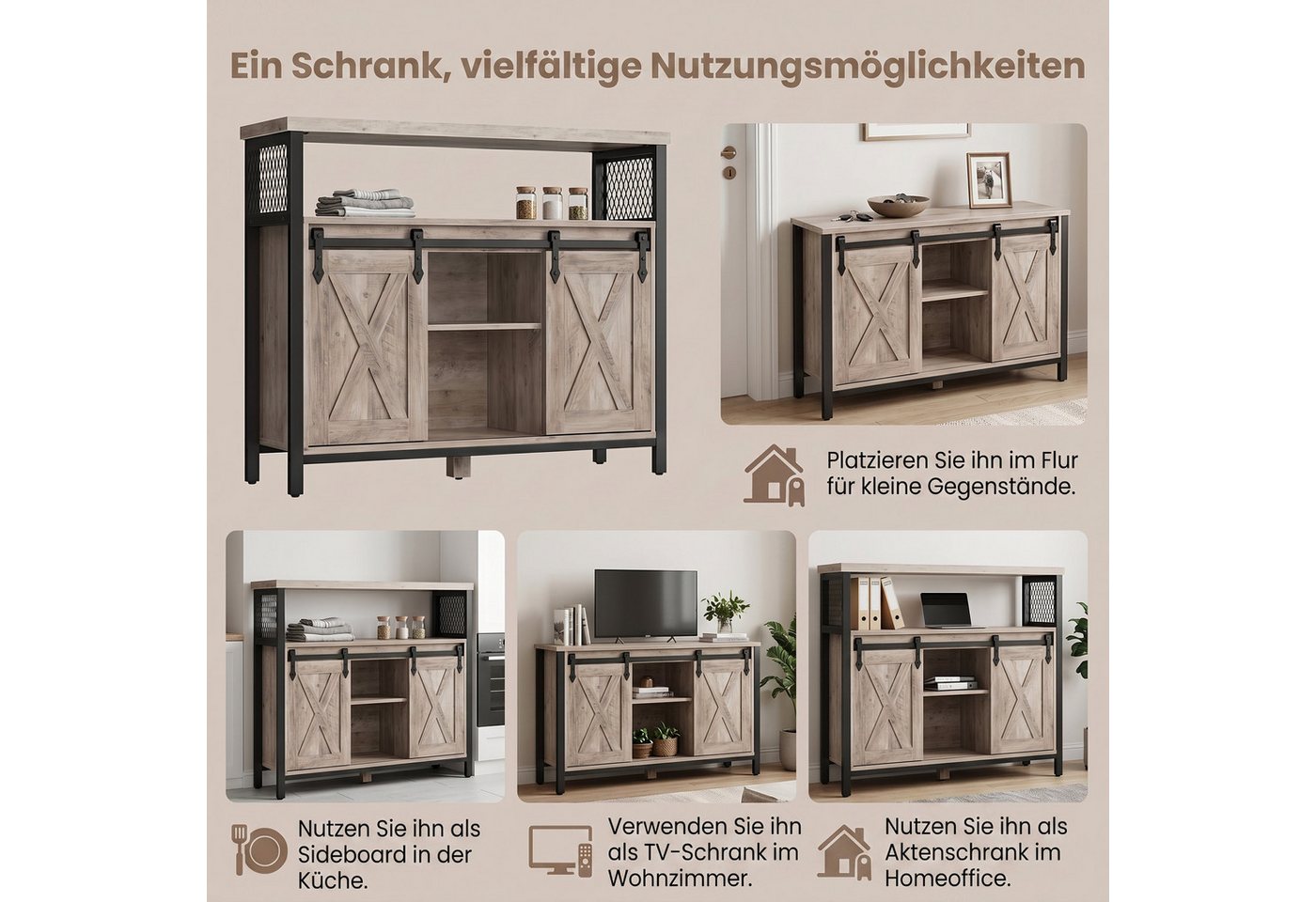 VASAGLE Buffet Sideboard Küchenschrank verstellbare Ablagen 33 x 100 x 80 cm, für Wohnzimmer, Industriestil, mit 2 Schiebetüren – Bild 3 von 5