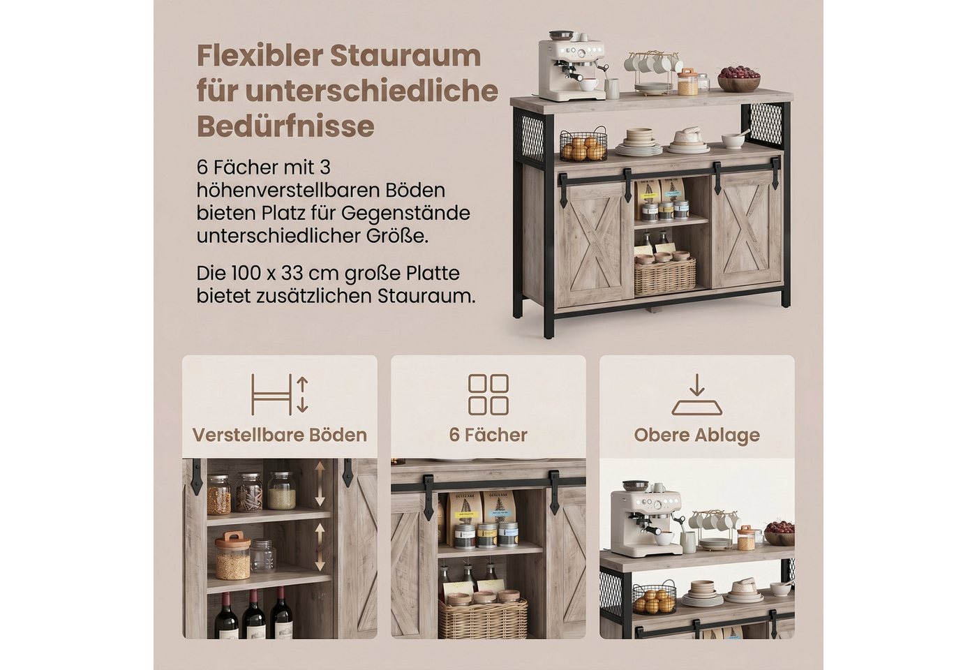 VASAGLE Buffet Sideboard Küchenschrank verstellbare Ablagen 33 x 100 x 80 cm, für Wohnzimmer, Industriestil, mit 2 Schiebetüren – Bild 4 von 5