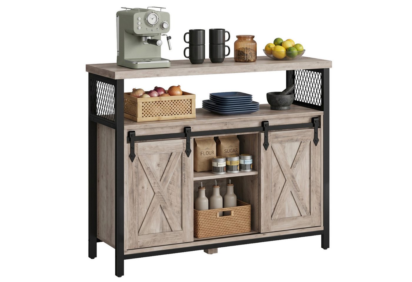 VASAGLE Buffet Sideboard Küchenschrank verstellbare Ablagen 33 x 100 x 80 cm, für Wohnzimmer, Industriestil, mit 2 Schiebetüren – Bild 5 von 5