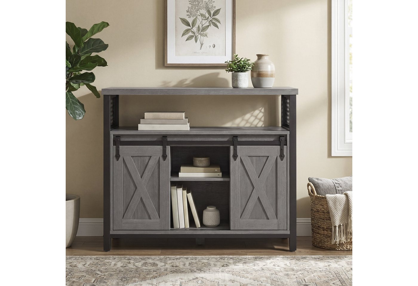 VASAGLE Buffet Sideboard Küchenschrank verstellbare Ablagen 33 x 100 x 80 cm, für Wohnzimmer, mit 2 Schiebetüren – Bild 2 von 5