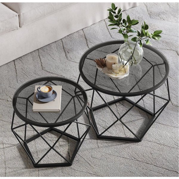 VASAGLE Couchtisch 2er Set Wohnzimmertisch abnehmbare Tischplatte (2er Set, inkl. Zubehörpaket & Anleitung, Glas), für Wohnzimmer, rund, Beistelltisch