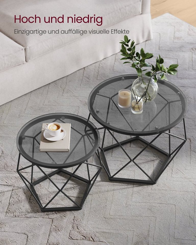 VASAGLE Couchtisch 2er Set Wohnzimmertisch abnehmbare Tischplatte (2er Set, inkl. Zubehörpaket & Anleitung, Glas), für Wohnzimmer, rund, Beistelltisch – Bild 4 von 5