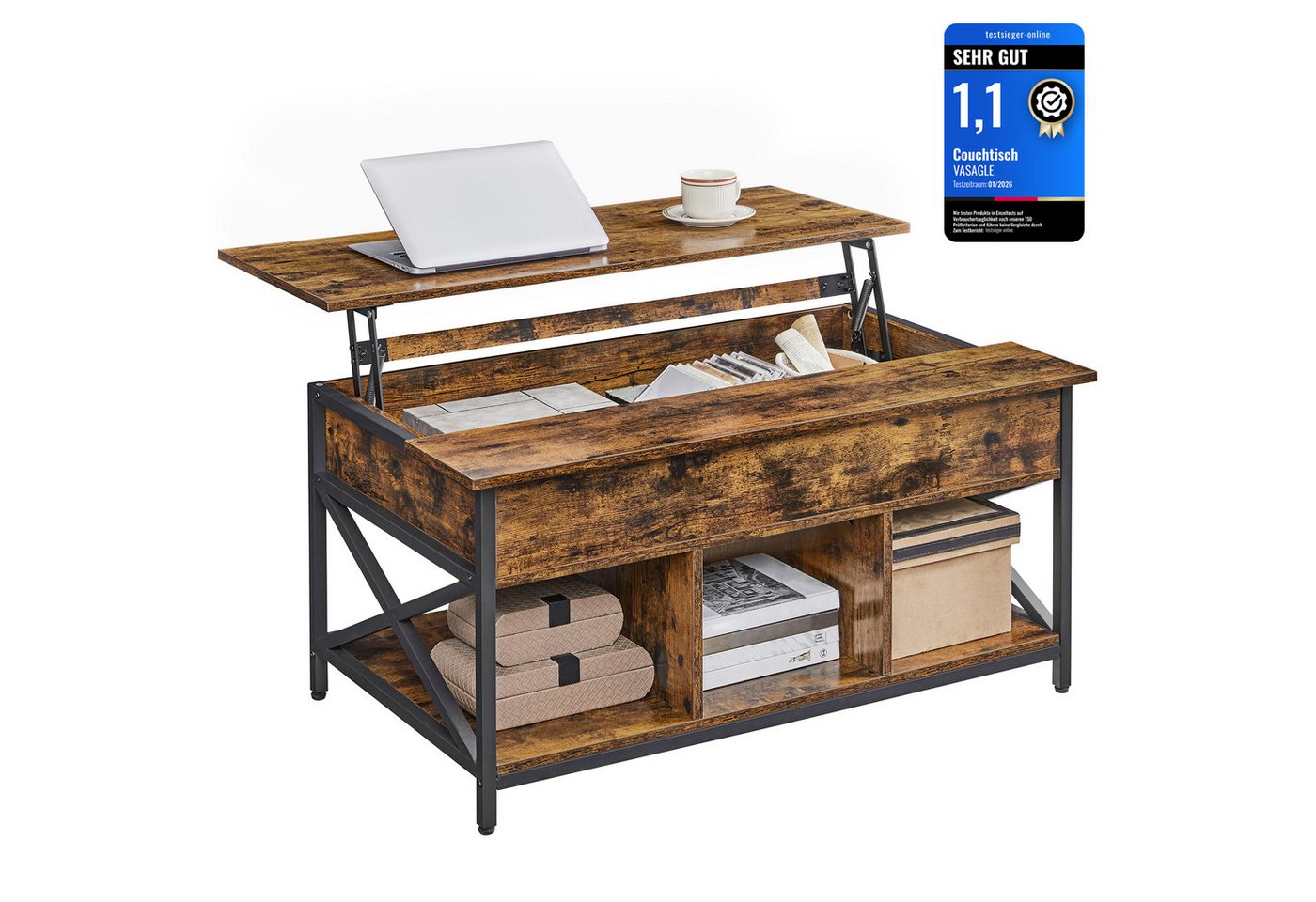 VASAGLE Couchtisch höhenverstellbar, Wohnzimmertisch, sofatisch (inkl. Zubehörpaket & Anleitung) aufklappbar), offener und versteckter Stauraum, 100 x 60 x (48- – Bild 2 von 5