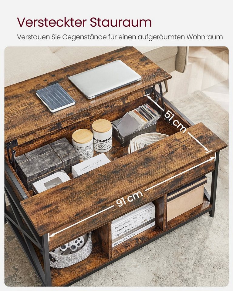 VASAGLE Couchtisch höhenverstellbar, Wohnzimmertisch, sofatisch (inkl. Zubehörpaket & Anleitung) aufklappbar), offener und versteckter Stauraum, 100 x 60 x (48- – Bild 4 von 5