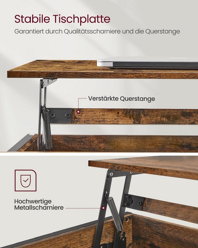 VASAGLE Couchtisch höhenverstellbar, Wohnzimmertisch, sofatisch (inkl. Zubehörpaket & Anleitung) aufklappbar), offener und versteckter Stauraum, 100 x 60 x (48- – Bild 5 von 5