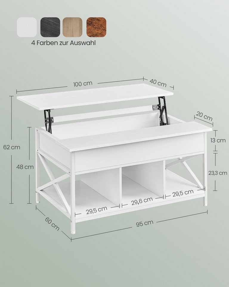 VASAGLE Couchtisch höhenverstellbar, Wohnzimmertisch, sofatisch (inkl. Zubehörpaket & Anleitung) aufklappbar), offener und versteckter Stauraum, 100 x 60 x (48- – Bild 3 von 5