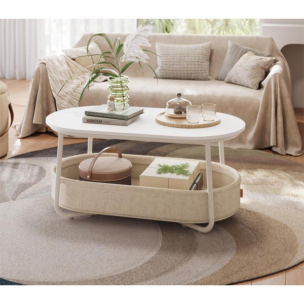 VASAGLE Couchtisch oval, Wohnzimmertisch, modern, mit Stoffkorb, skandinavisches Design (inkl. Zubehörpaket & Anleitung), Beistelltisch, stabil, für Wohnzimmer,