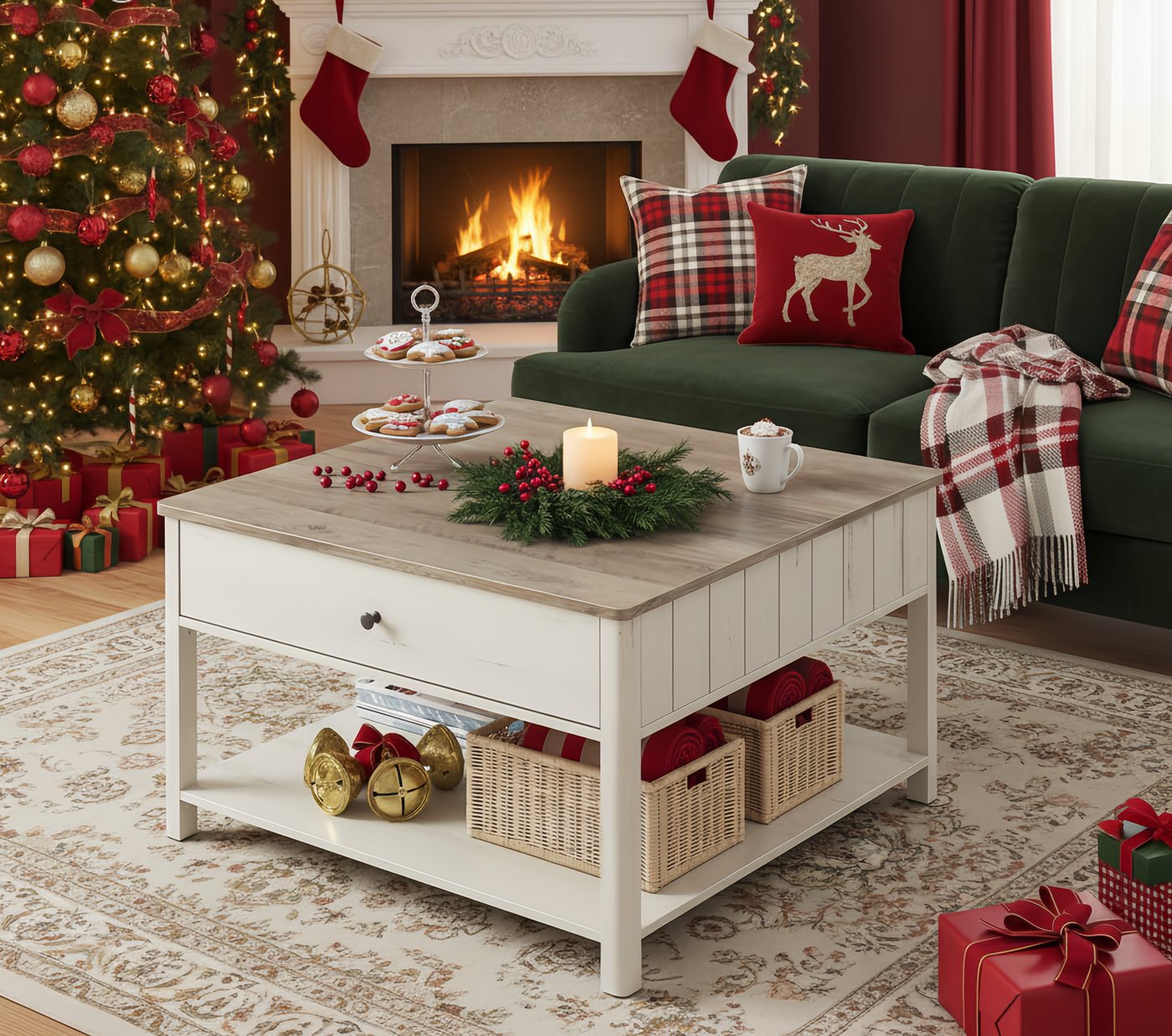 VASAGLE Couchtisch Wohnzimmertisch, 2 große Schubladen, quadratisch, für Wohnzimmer (inkl. Zubehörpaket & Anleitung), Sofatisch, viel Stauraum, Landhausstil, gr – Bild 2 von 5