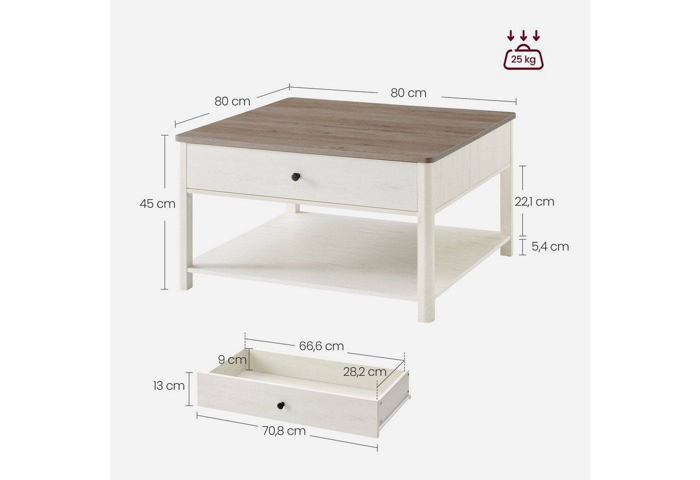 VASAGLE Couchtisch Wohnzimmertisch, 2 große Schubladen, quadratisch, für Wohnzimmer (inkl. Zubehörpaket & Anleitung), Sofatisch, viel Stauraum, Landhausstil, gr – Bild 3 von 5