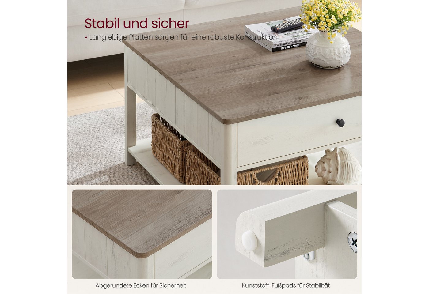 VASAGLE Couchtisch Wohnzimmertisch, 2 große Schubladen, quadratisch, für Wohnzimmer (inkl. Zubehörpaket & Anleitung), Sofatisch, viel Stauraum, Landhausstil, gr – Bild 4 von 5