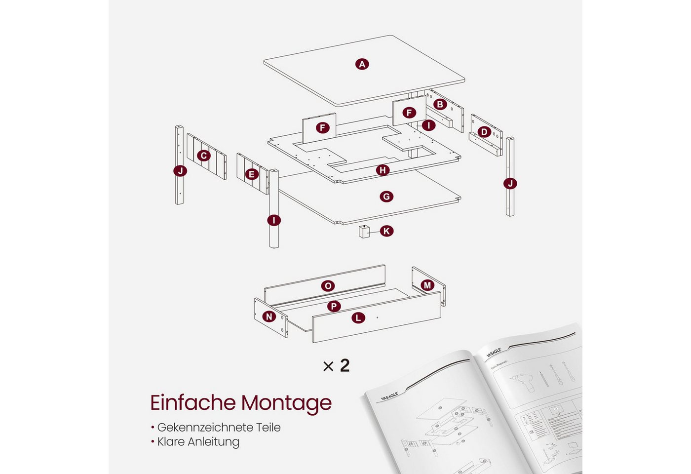 VASAGLE Couchtisch Wohnzimmertisch, 2 große Schubladen, quadratisch, für Wohnzimmer (inkl. Zubehörpaket & Anleitung), Sofatisch, viel Stauraum, Landhausstil, gr – Bild 5 von 5