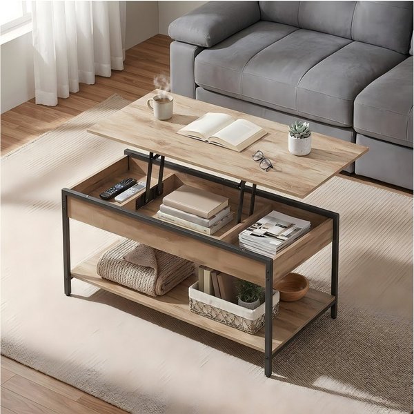 VASAGLE Couchtisch Wohnzimmertisch, höhenverstellbar, aufklappbar, mit Stauraum (für Home Office, inkl. Zubehörpaket & Anleitung), Stahl, Industrial, 50 x 100 x