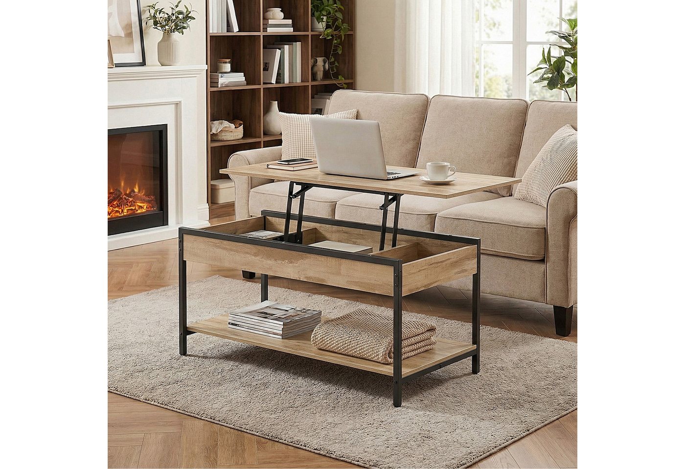 VASAGLE Couchtisch Wohnzimmertisch, höhenverstellbar, aufklappbar, mit Stauraum (für Home Office, inkl. Zubehörpaket & Anleitung), Stahl, Industrial, 50 x 100 x – Bild 2 von 5